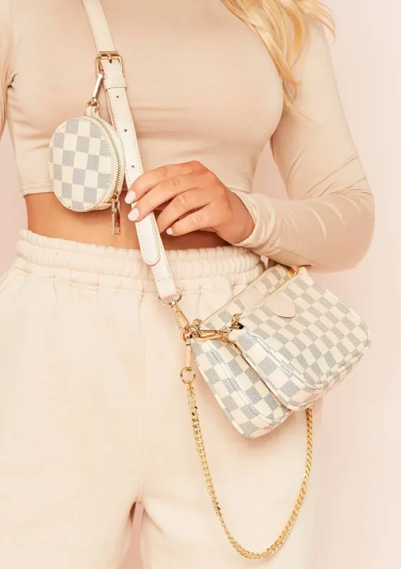 Nanci Cream Trio Chain Cross Check Body Bag sold by Missy Empire