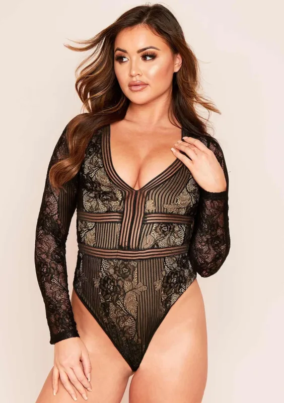 Ellie Black Floral Lace Plunge Neck Bodysuit sold by Missy Empire