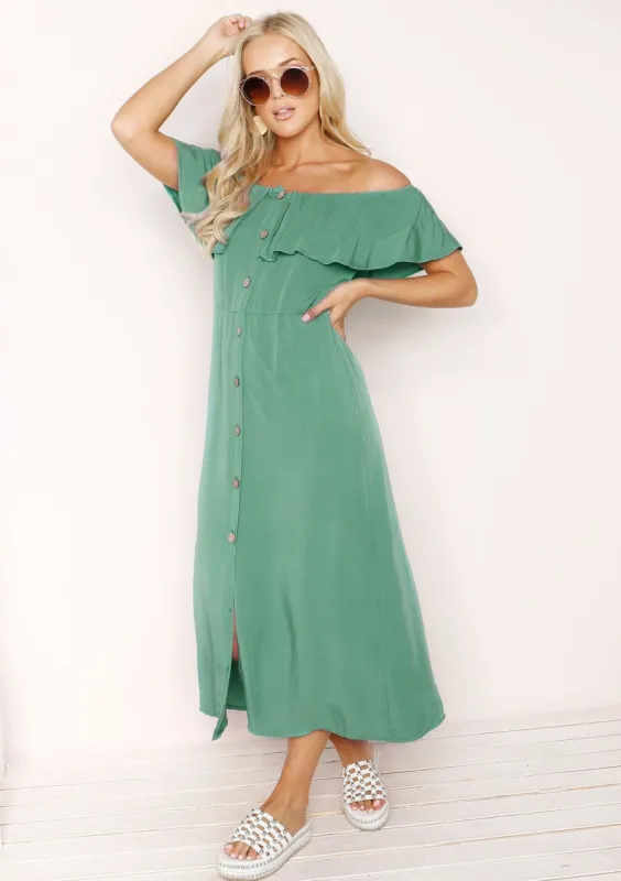Ophelia Green Bardot Frill Button Midi Dress sold by Missy Empire