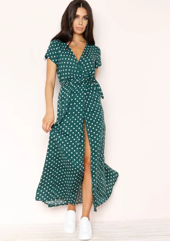 Hannah Emerald Green Polkadot Wrap Front Maxi Dress sold by Missy Empire