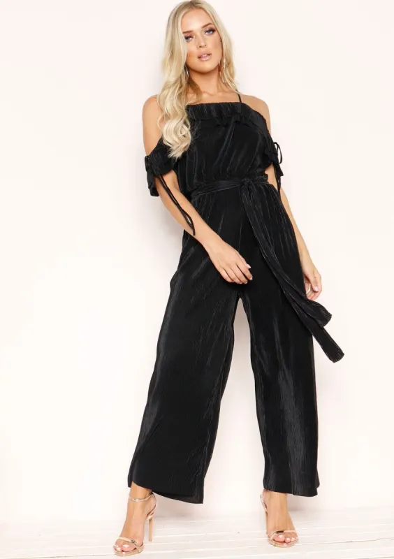 Esmae Black Pleated Cold Shoulder Jumpsuit sold by Missy Empire