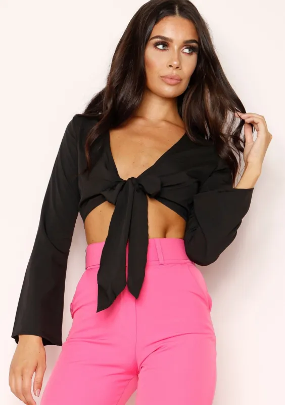 Bianca Black Tie Long Sleeve Crop Top sold by Missy Empire