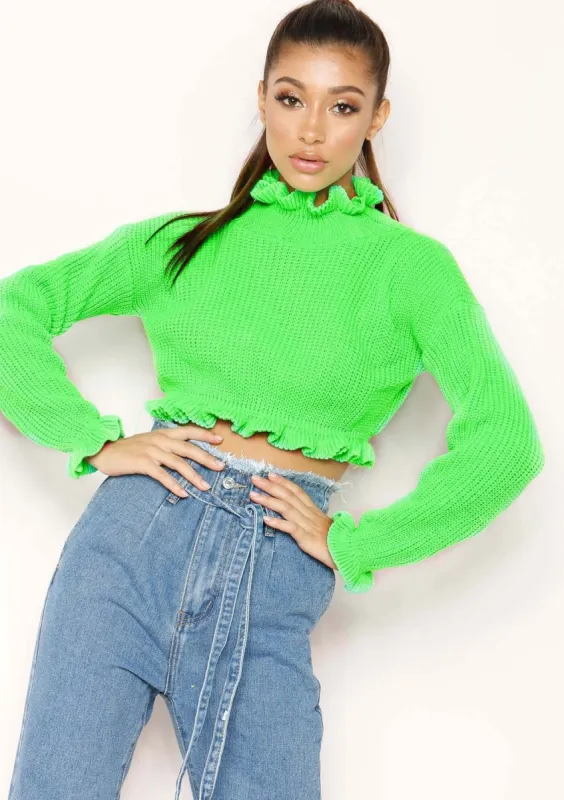 Honey Neon Green Cropped Frill Knit Jumper sold by Missy Empire