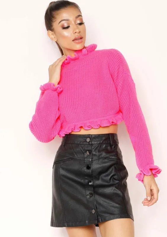 Honey Neon Pink Cropped Frill Knit Jumper sold by Missy Empire
