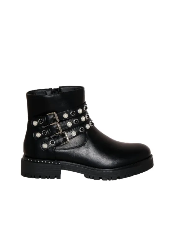 Zaria Black Faux Leather Pearl Buckle Boots made by Missy Empire