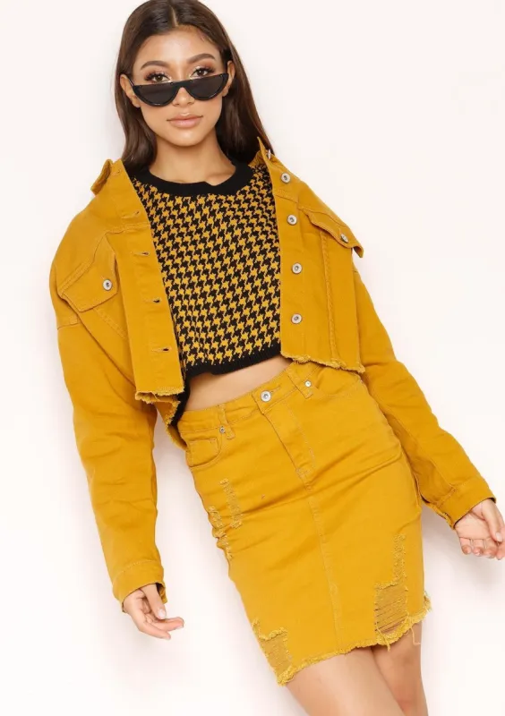 Sophie Mustard Cropped Frayed Denim Jacket sold by Missy Empire