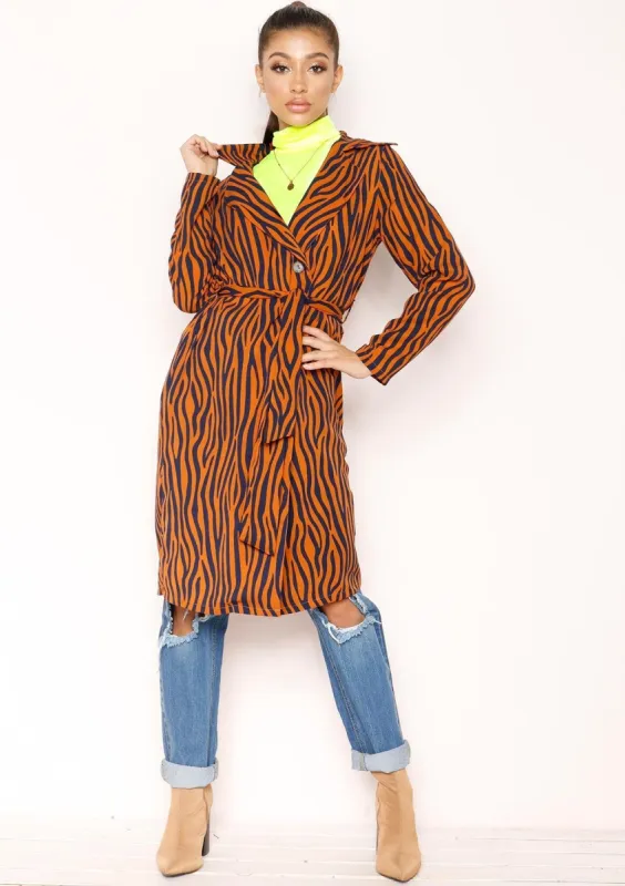 Zaria Rust Zebra Print Longline Jacket sold by Missy Empire