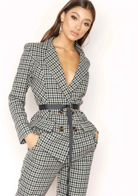 Alanis Green Checked Belted Blazer sold by Missy Empire
