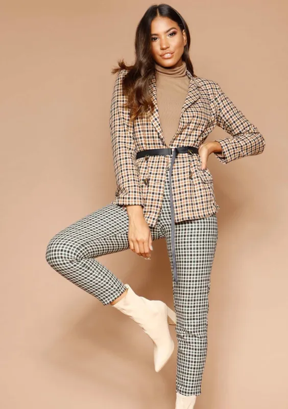 Alanis Camel Checked Belted Blazer sold by Missy Empire