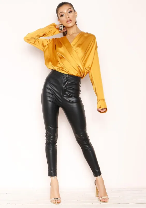 Monika Mustard Satin Wrap Bodysuit made by Missy Empire