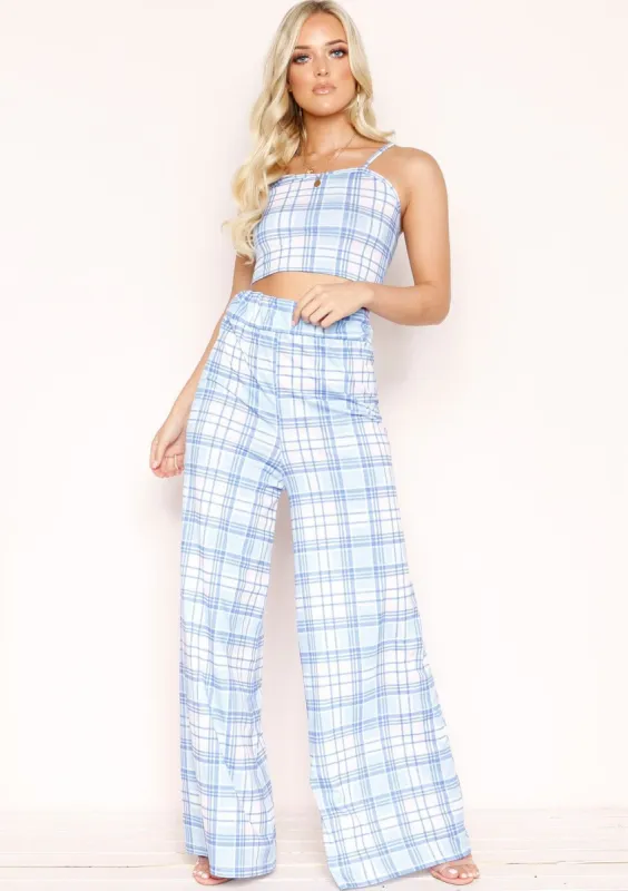 Yula Blue Check Wide Leg Trousers sold by Missy Empire