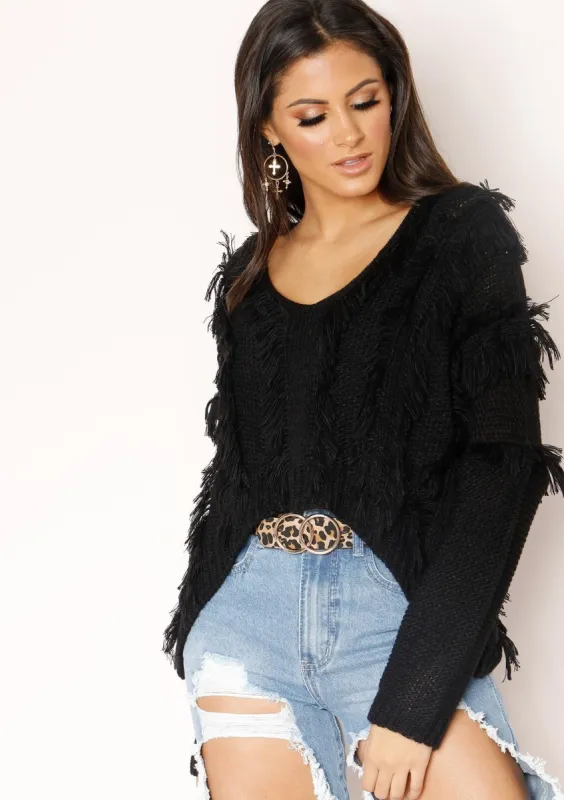 Katarina Black Fringing Cropped Jumper sold by Missy Empire