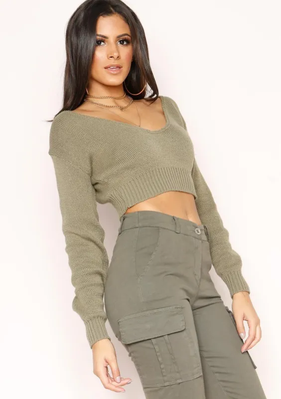 Suzy Khaki V Neck Cropped Jumper sold by Missy Empire