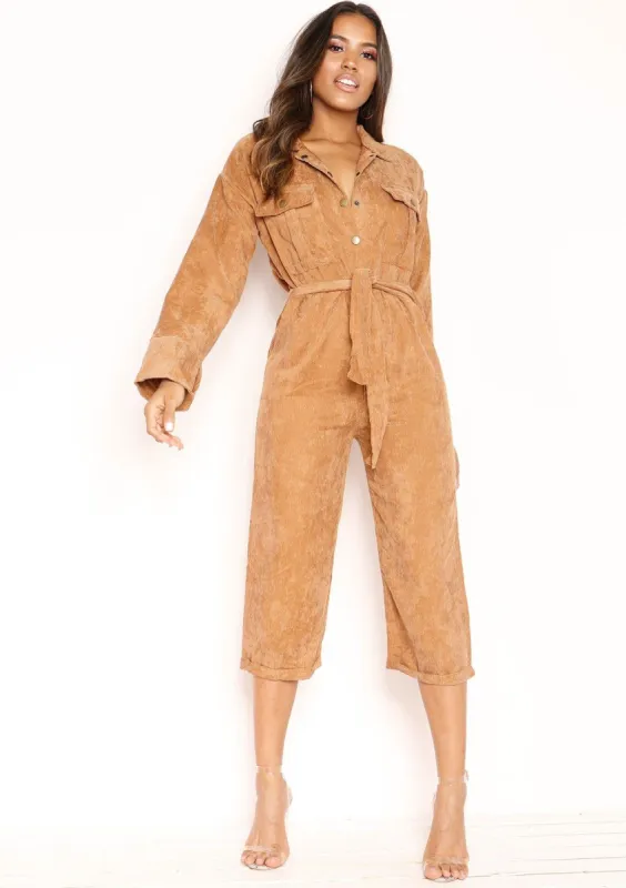 Zandra Camel Corduroy Utility Jumpsuit sold by Missy Empire