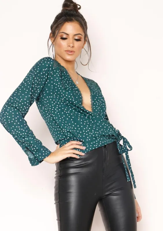 Lora Emerald Green Polkadot Wrap Blouse sold by Missy Empire