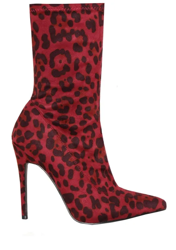 Jemma Wine Leopard Print Stiletto Sock Boots made by Missy Empire