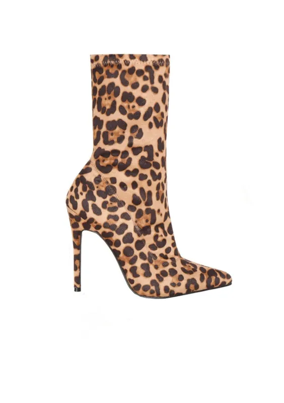 Jemma Leopard Print Stiletto Sock Boots made by Missy Empire