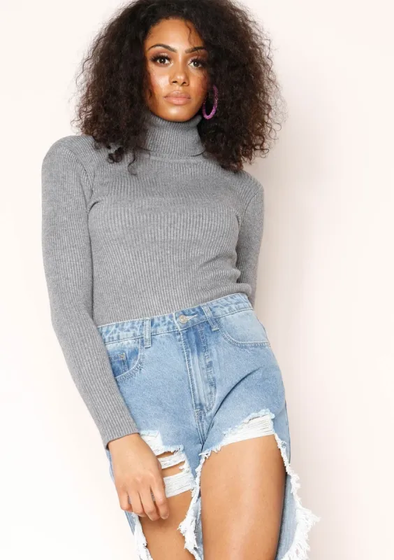 Tena Grey Knit Ribbed Roll Neck Jumper sold by Missy Empire