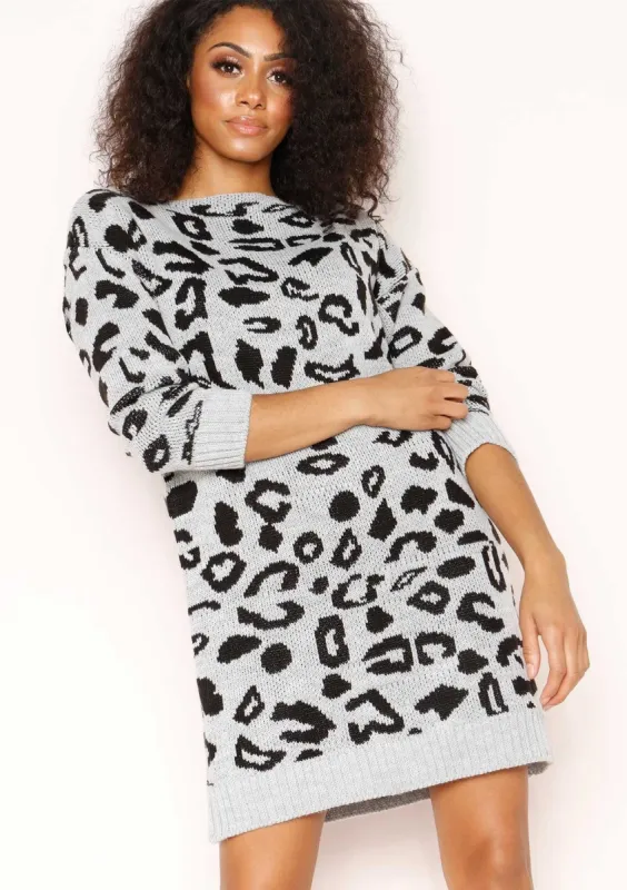 Claire Grey Leopard Print Jumper Dress sold by Missy Empire