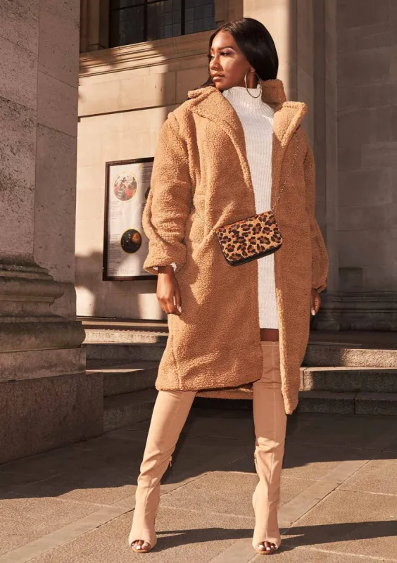 Han Camel Teddy Borg Longline Coat sold by Missy Empire