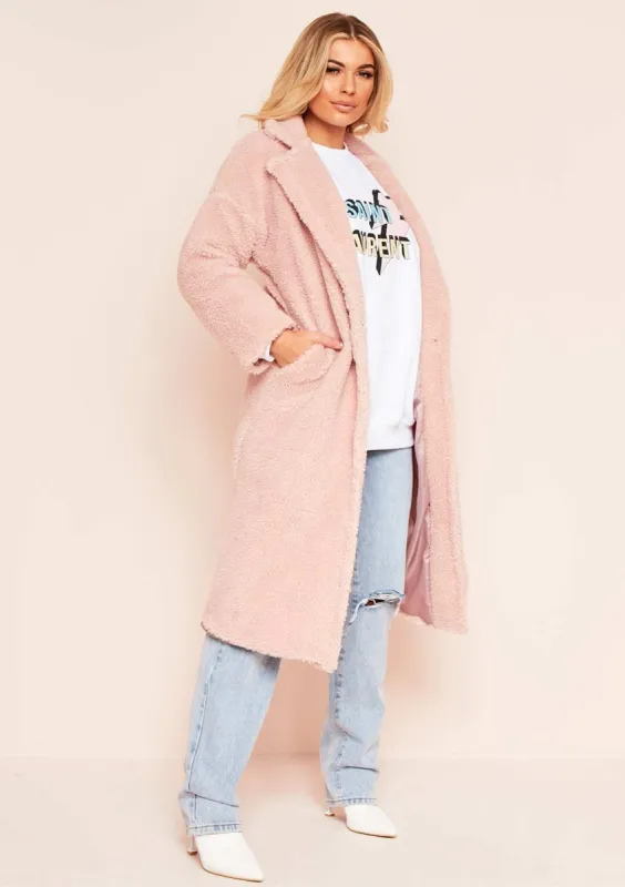 Maxine Pink Teddy Borg Longline Coat sold by Missy Empire