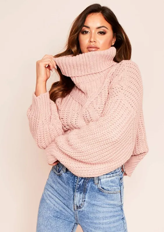 Hana Pink Cable Knit Roll Neck Jumper sold by Missy Empire