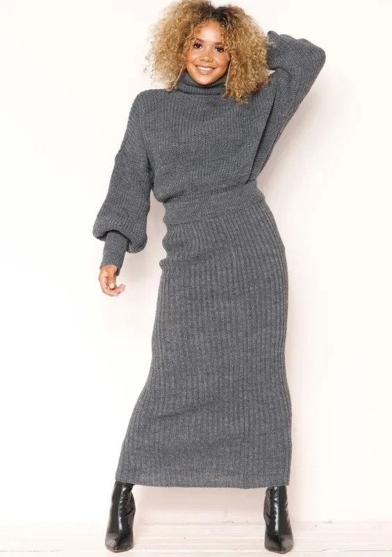 Vicki Charcoal Knit Jumper Midi Co-ord Set sold by Missy Empire