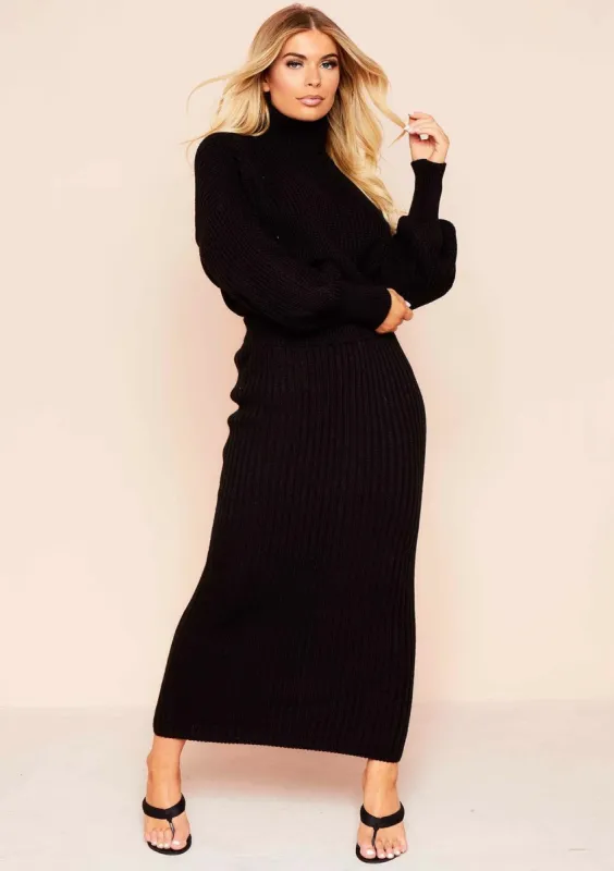Vicki Black Knit Jumper Midi Co-ord Set sold by Missy Empire