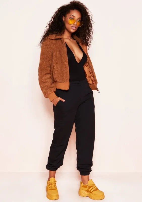 Sunni Black Plunge Long Sleeve Bodysuit made by Missy Empire