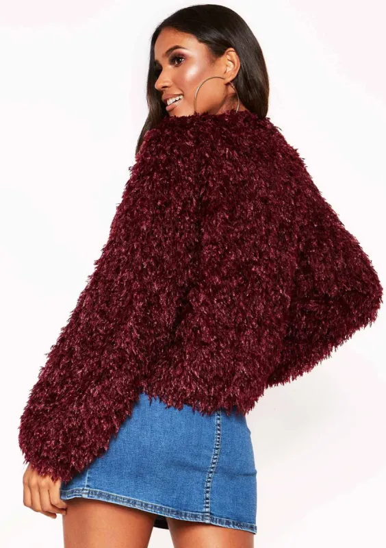 Wine Fluffy Cardigan sold by Missy Empire