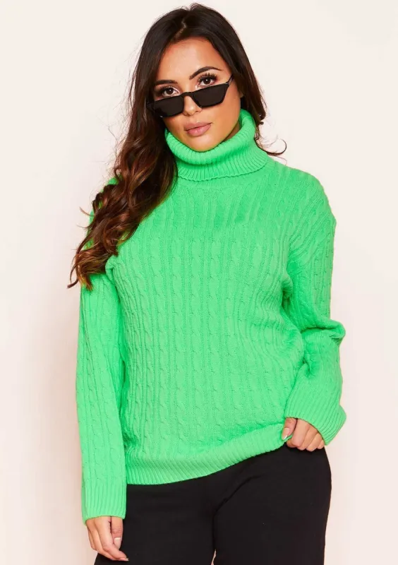 Isla Neon Green Roll Neck Knitted Cable Jumper sold by Missy Empire