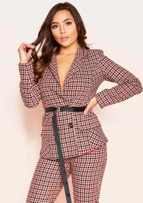 Alanis Red Checked Belted Blazer sold by Missy Empire