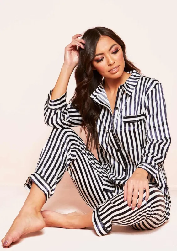 Nina Navy Satin Stripe Long Pyjama Set sold by Missy Empire