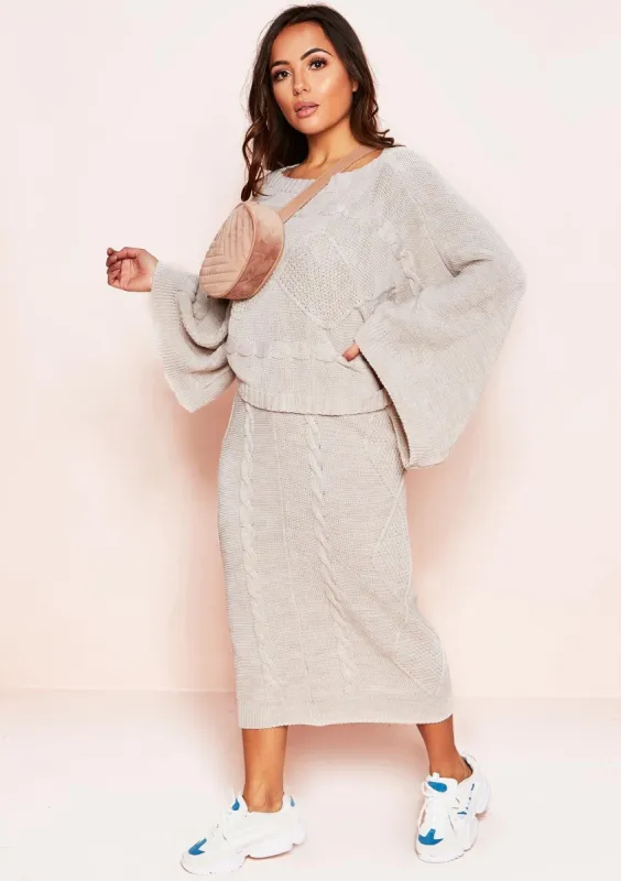 Abbey Beige Cable Knit Wide Sleeve Co-ord Set sold by Missy Empire