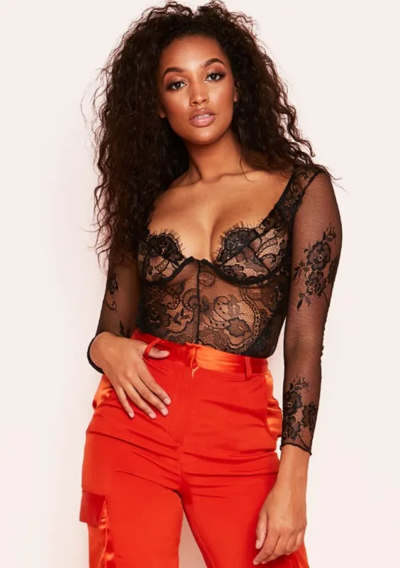Patsy Black Lace Mesh Long Sleeve Bodysuit made by Missy Empire