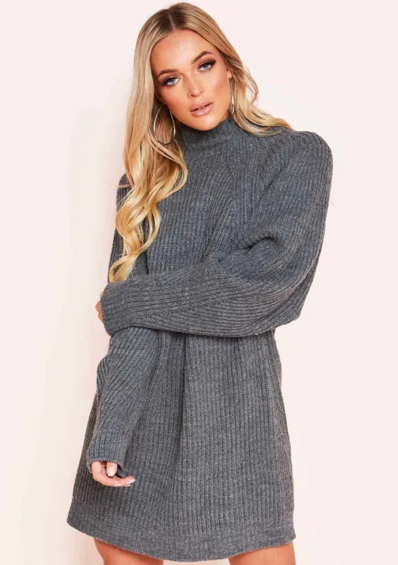 Amie Charcoal Chunky Knit Jumper Dress sold by Missy Empire