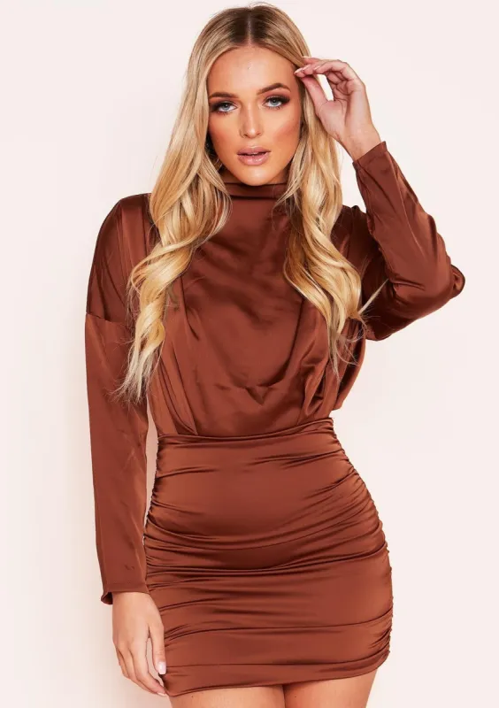 Ira Brown Ruched High Neck Satin Mini Dress sold by Missy Empire