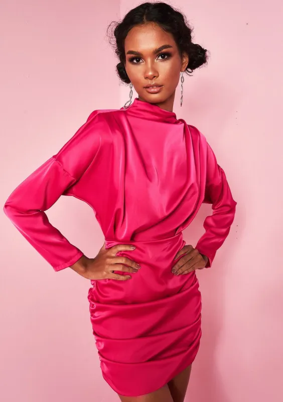 Ira Hot Pink Ruched High Neck Satin Mini Dress sold by Missy Empire