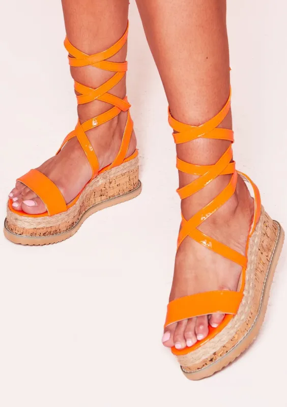 Jolene Neon Orange Tie Up Espadrille Flatform Sandals sold by Missy Empire