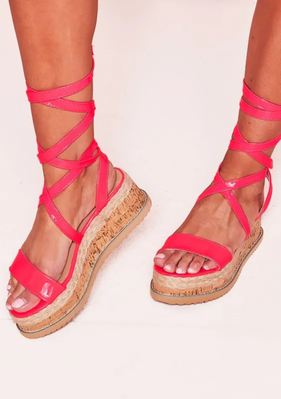 Jolene Neon Pink Tie Up Espadrille Flatform Sandals sold by Missy Empire