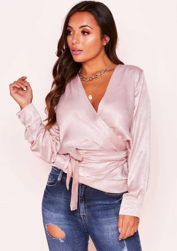 Yula Pink Satin Feel Wrap Top sold by Missy Empire