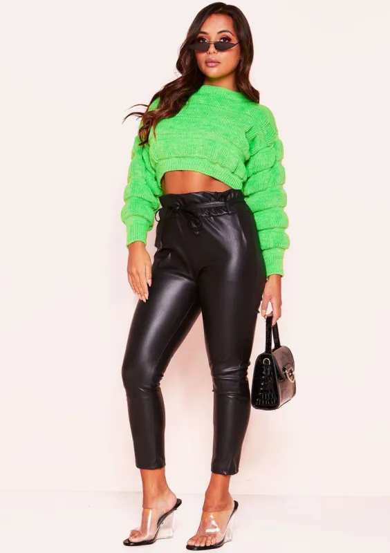 Honey Black Faux Leather Paperbag Trousers sold by Missy Empire