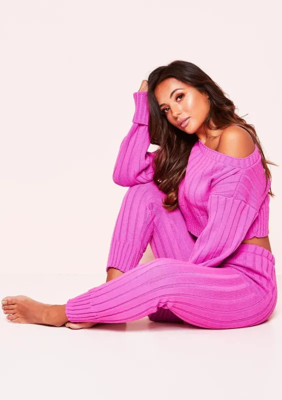 Ella Hot Pink Knit Cropped Loungewear Set made by Missy Empire