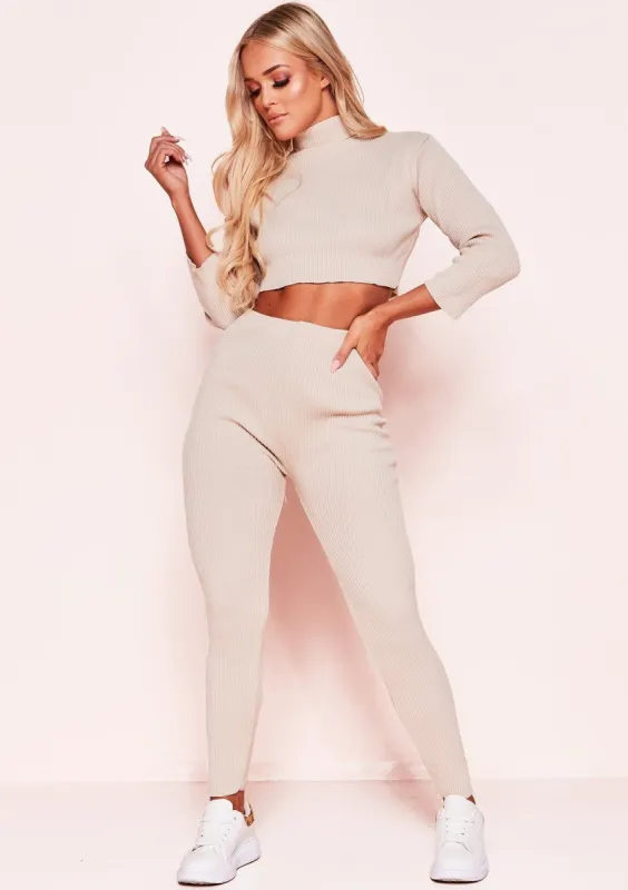 Nelly Beige Ribbed Roll Neck Loungewear Set sold by Missy Empire