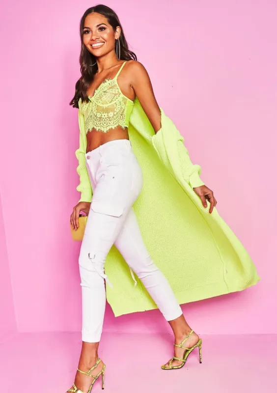 Addie Neon Yellow Longline Knit Cardigan sold by Missy Empire