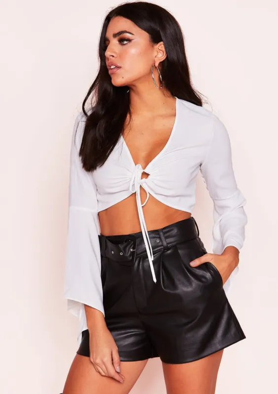 Abigail White Tie Flare Sleeve Crop Top sold by Missy Empire