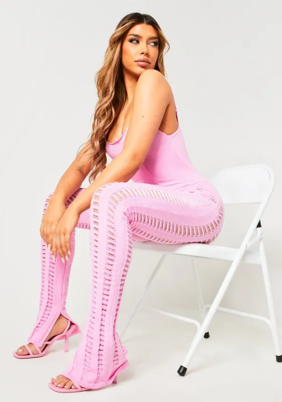 Eva Baby Pink Laddered Knitted Seam Jumpsuit sold by Missy Empire