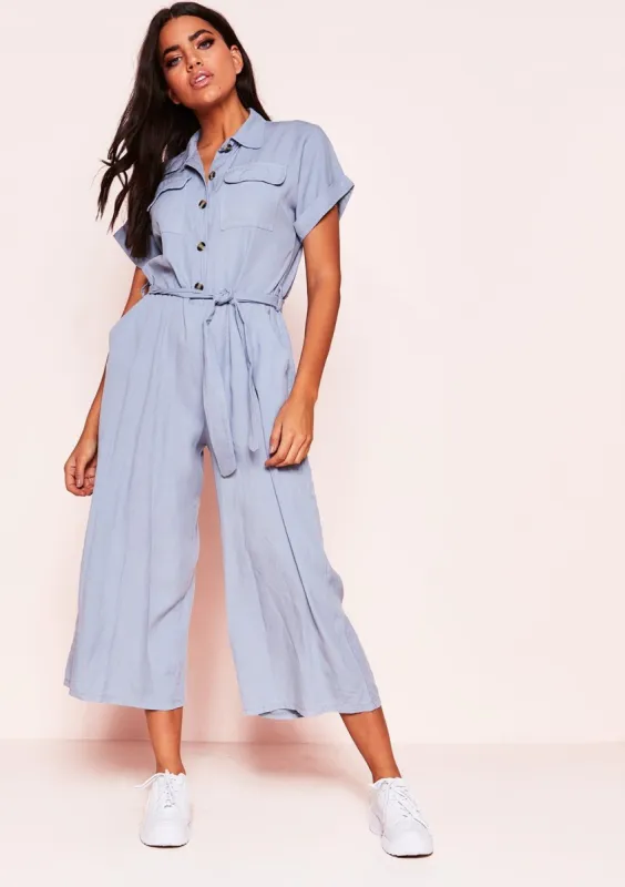 Abigail Blue Button Belted Culotte Jumpsuit sold by Missy Empire