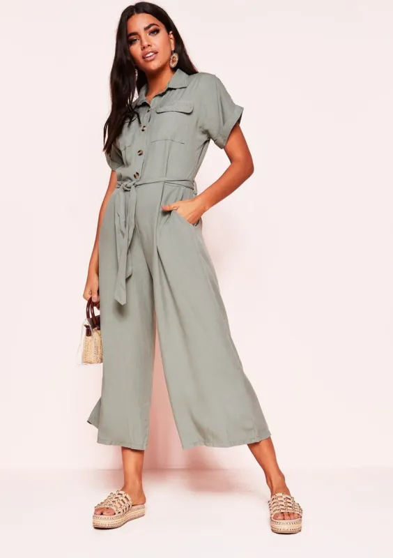 Abigail Khaki Button Belted Culotte Jumpsuit sold by Missy Empire
