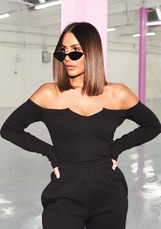 Hugh Black V-Neck Ribbed Long Sleeve Bodysuit sold by Missy Empire